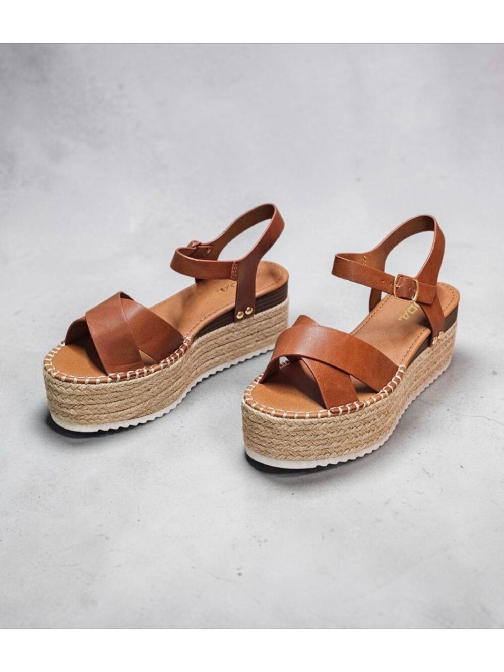 Tan Platform Espadrille Sandals With Buckle Strap Crisscross Upper & White Sole - Picture 13 of 16
